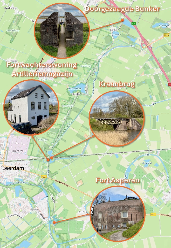 Modelspoorbaan 'Waterlinie' op de kaart. Bron kaartmateriaal: Map data from OpenStreetMap - https://www.openstreetmap.org/copyright